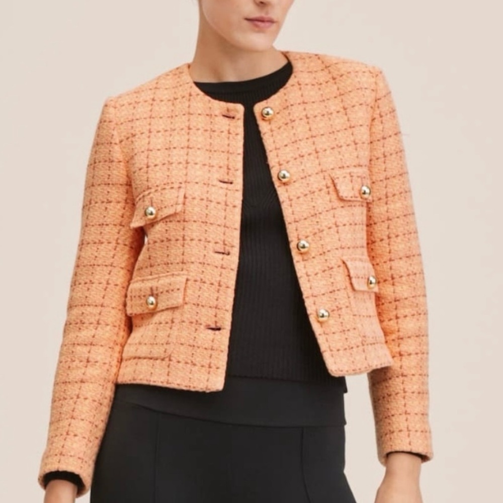 Mango MNG Short Tweed Blazer Orange Goldtone Button Details Size S NEW - Picture 2 of 15